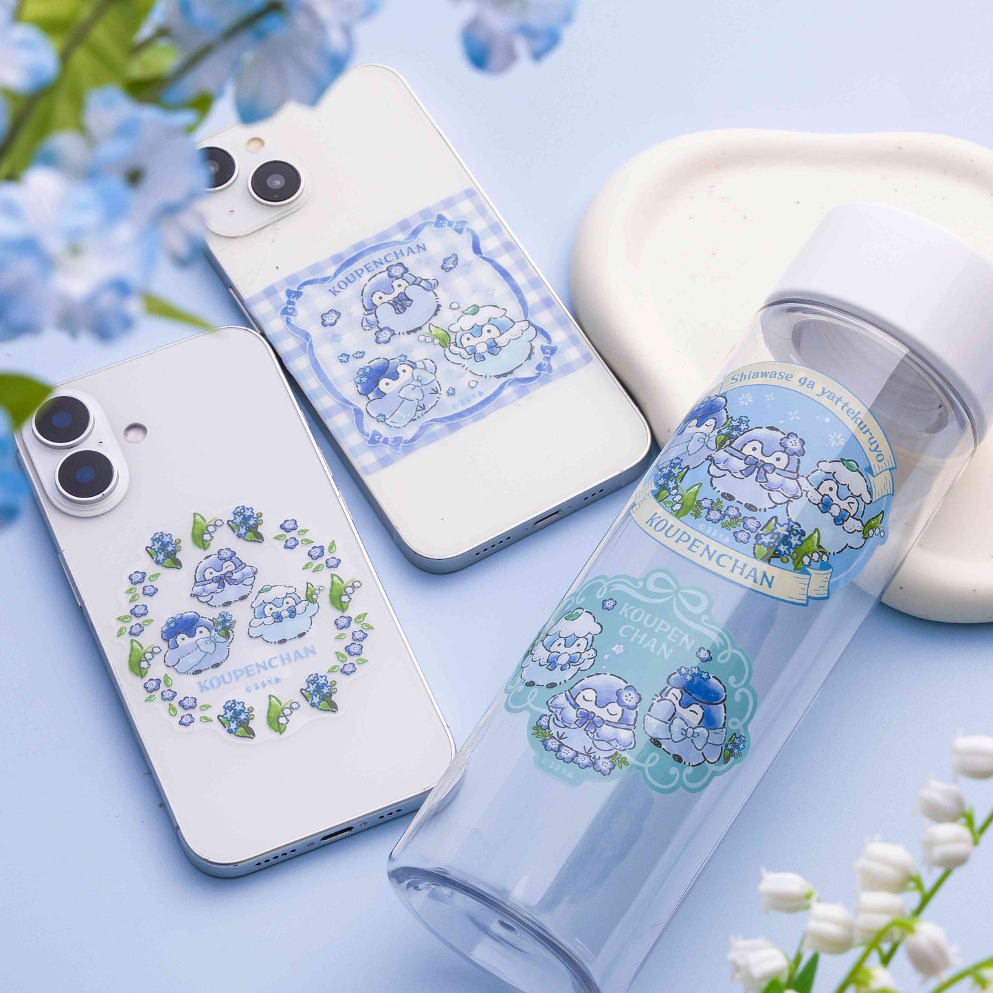 코우펜짱 하나마루 하늘빛 부케 스마트폰에 붙일 수 있는 사이즈 클리어 스티커 (플라워 부케)