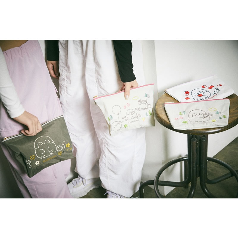コウペンちゃん 刺繍ポーチ コウペンちゃんと邪エナガさん カーキ