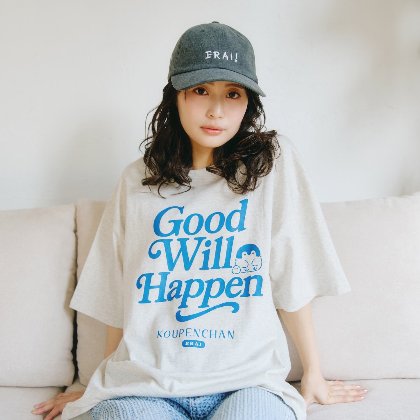 코우펜짱 빅 실루엣 티셔츠 Good Will Happen 헤더 화이트 M