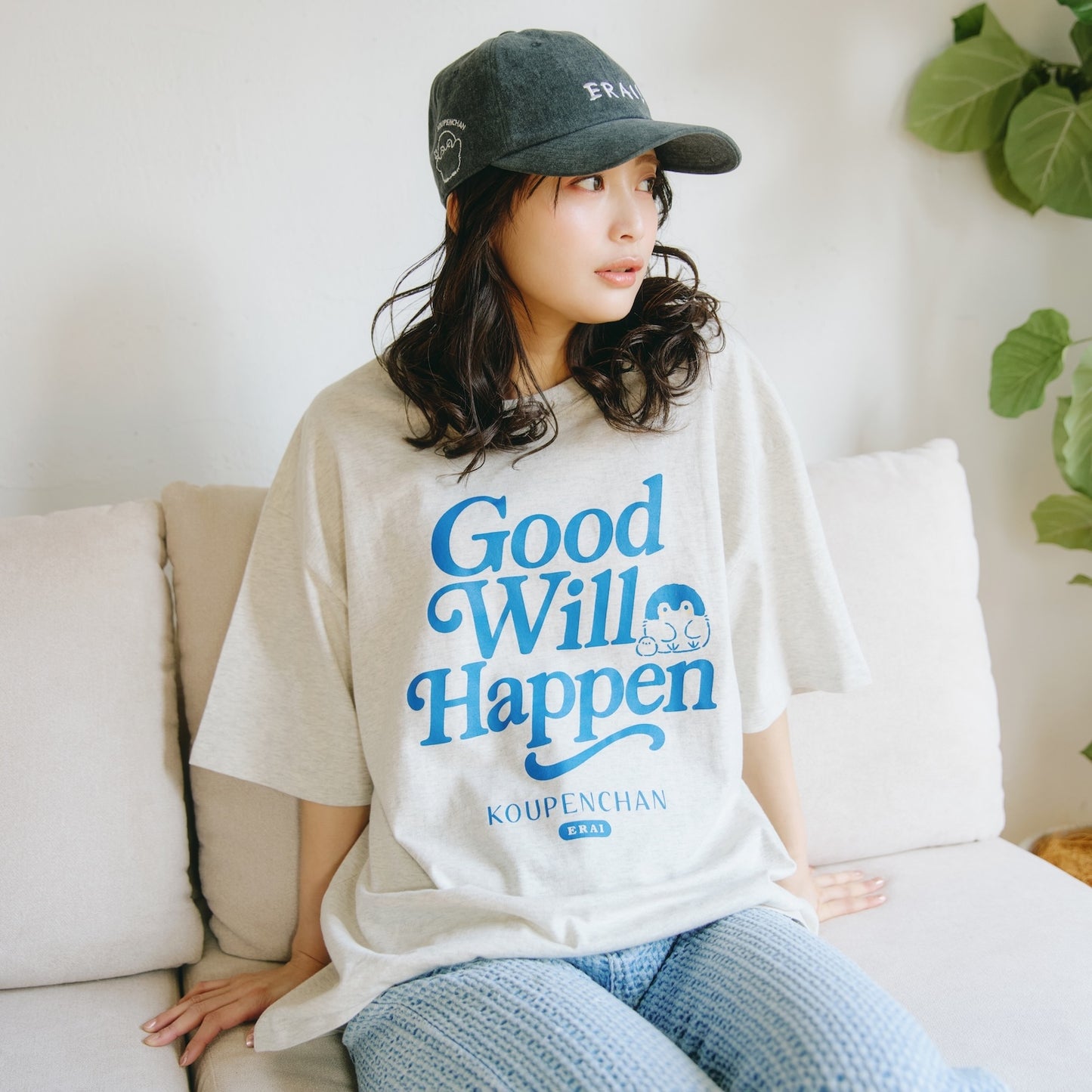 코우펜짱 빅 실루엣 티셔츠 Good Will Happen 헤더 화이트 M