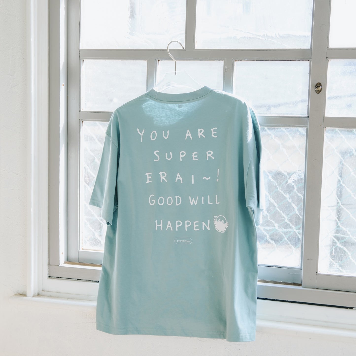 Koupen-chan Big Silhouette T-shirt YOU ARE SUPER ERAI~! Blue Gray