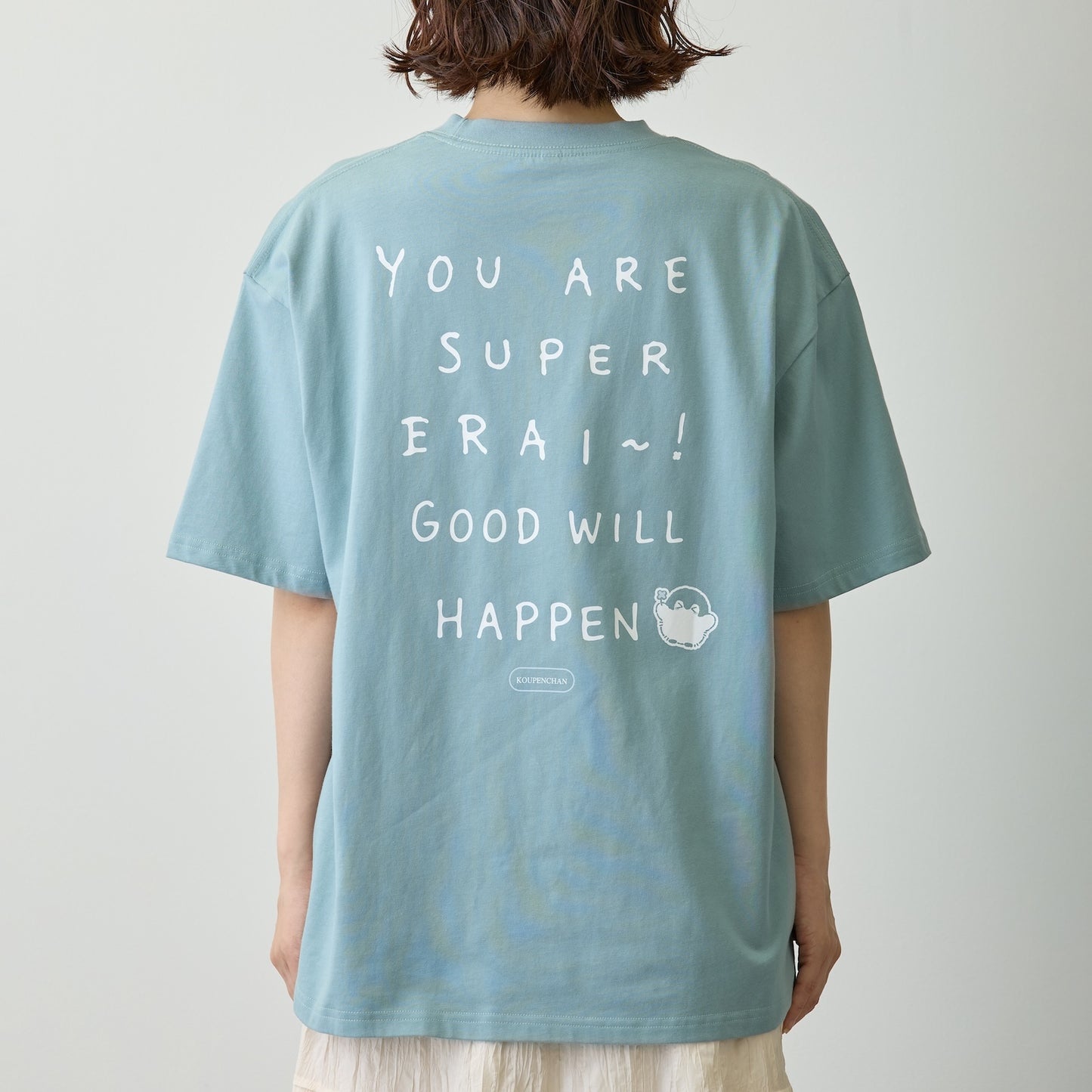 Koupen-chan Big Silhouette T-shirt YOU ARE SUPER ERAI~! Blue Gray