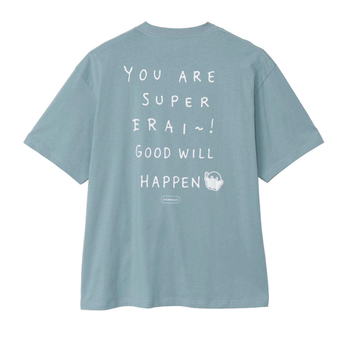 Koupen-chan Big Silhouette T-shirt YOU ARE SUPER ERAI~! Blue Gray
