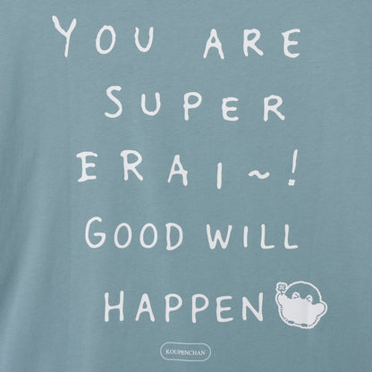 Koupen-chan Big Silhouette T-shirt YOU ARE SUPER ERAI~! Blue Gray