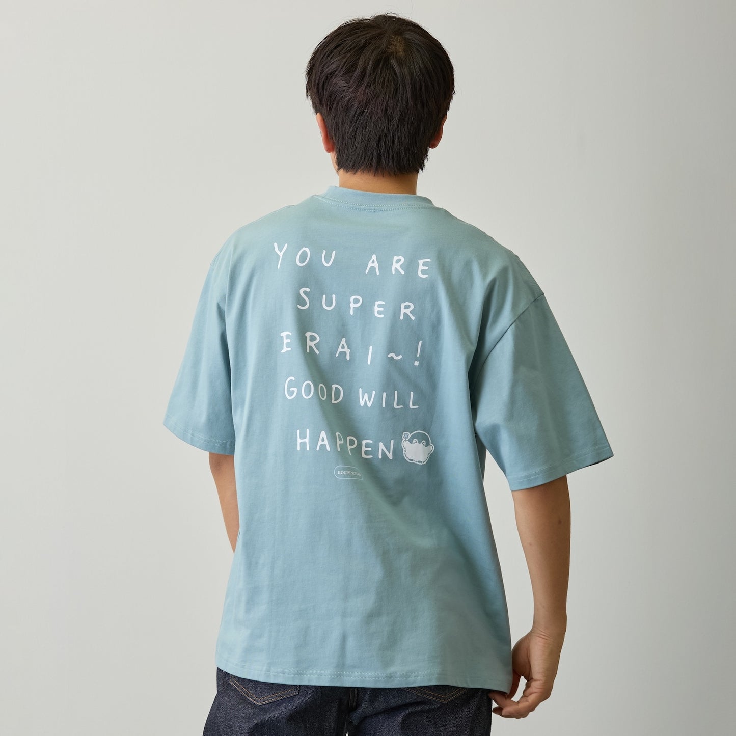 Koupen-chan Big Silhouette T-shirt YOU ARE SUPER ERAI~! Blue Gray