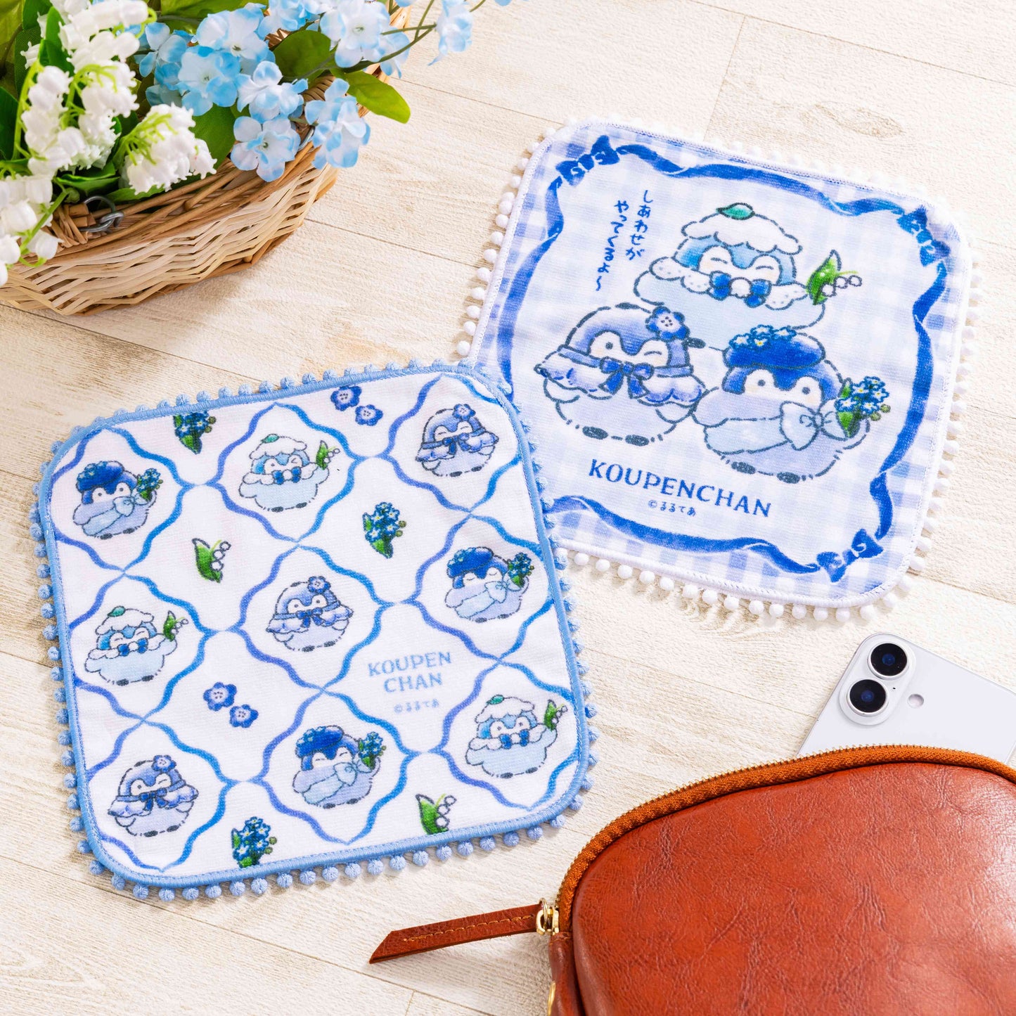 코우펜짱 하나마루 하늘빛 부케 폼폼 레이스 핸드 타월 (리본 패턴)